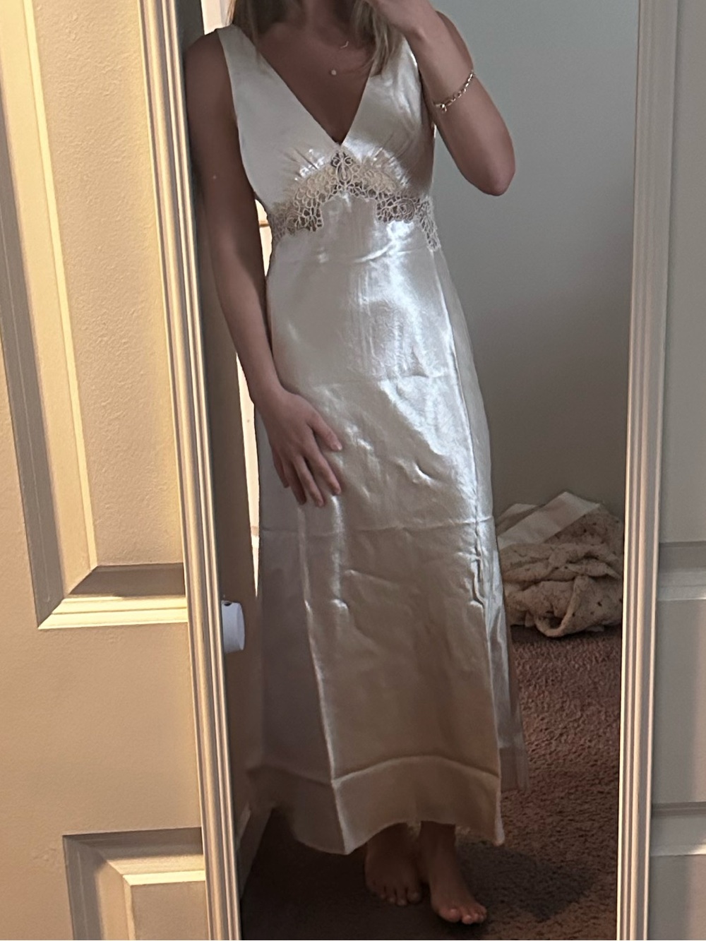 Cami NYC Satin V-Neck Slip Dress with Lace Waist - Ivory/Cream